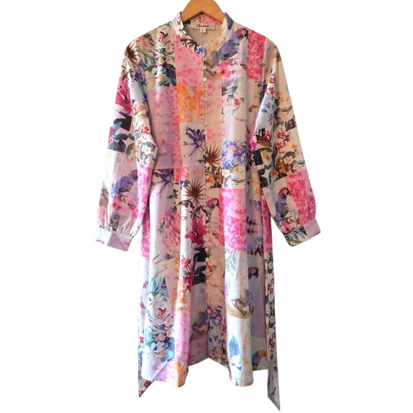 Annick Patchwork Tropical Floral Animal Print Midi Feminine Long Sleeve Dress S - Picture 3 of 13